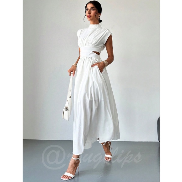 White Long Dress High Neck Cut Out Back Flared Skirt Sleeveless - Picture 4 of 10